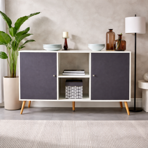 Mueble auxiliar con 2 puertas y estante abierto 150 cm - Blanco y gris