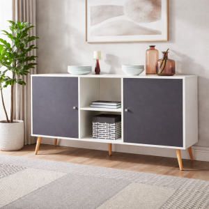 Mueble auxiliar con 2 puertas y estante abierto 150 cm - Blanco y gris