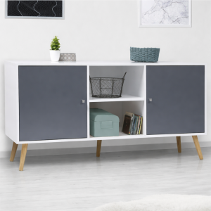 Mueble auxiliar con 2 puertas y estante abierto 150 cm - Blanco y gris