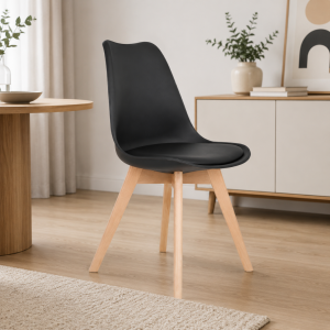 Silla Sydney de cuero ecológico negro patas de madera dimensiones 48x50x82 cm