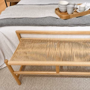 Banco de madera maciza de acacia con asiento de cuerda trenzada3