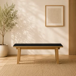 Banco moderno de madera de acacia con asiento negro de 160 cm2