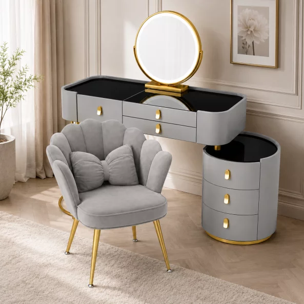 Set BELLA & PEARL – Tocador de maquillaje 80x40x120 cm con silla, gris1