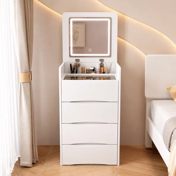 Set DIVA – Tocador compacto con espejo LED y espacio de almacenamiento, Blanco1