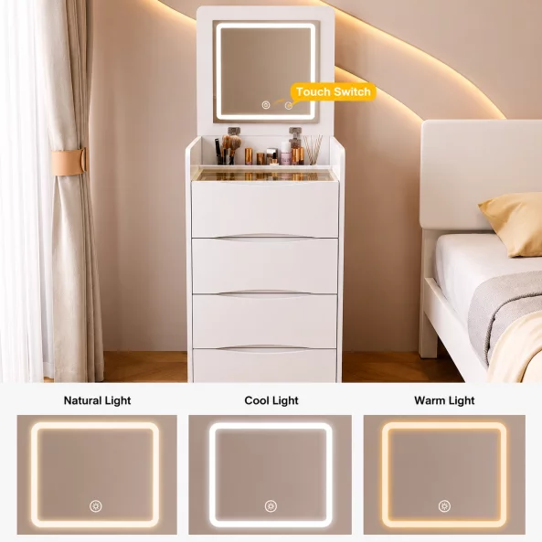 Set DIVA – Tocador compacto con espejo LED y espacio de almacenamiento, Blanco4