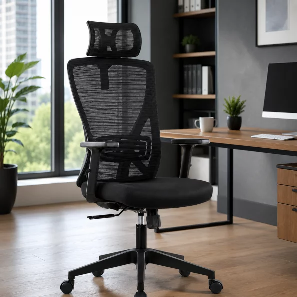 Silla de oficina ergonómica Novio con reposacabezas ajustable 2D, negro – 510 × 640 × 1165 mm1